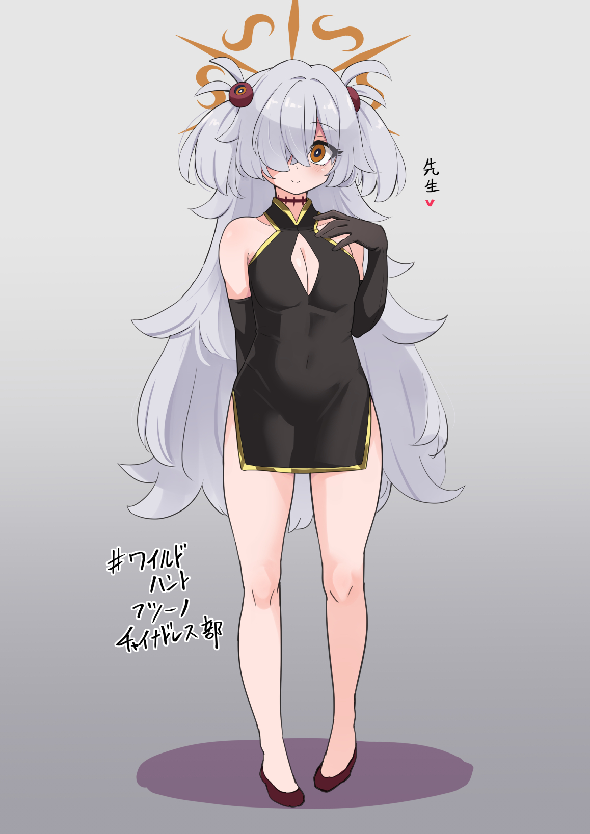 yuuichi (reductionblack), kanoe (blue archive), blue archive, highres, translation request, 1girl, bare shoulders, black dress, black gloves, breasts, brown eyes, china dress, chinese clothes, choker, cleavage cutout, clothing cutout, dress, elbow gloves, full body, gloves, hair ornament, halo, long hair, looking at viewer, pelvic curtain, short dress, side slit, small breasts, thighs, two side up, white hair