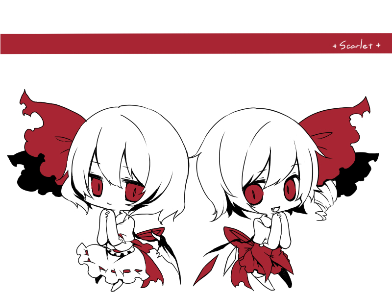 k (li), flandre scarlet, remilia scarlet, touhou, bad id, bad pixiv id, 2girls, bat wings, chibi, female focus, monochrome, multiple girls, red eyes, red theme, siblings, sisters, wings