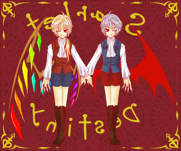 kisaragi you, flandre scarlet, remilia scarlet, touhou, 2boys, bat wings, fingernails, genderswap, genderswap (ftm), long fingernails, male focus, multiple boys, red eyes, siblings, wings