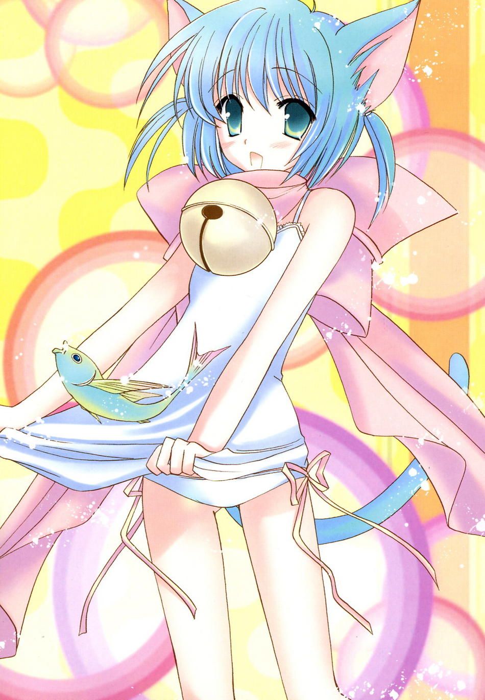 highres, animal ears, bell, blue hair, cat ears, cat tail, collar, neck bell, solo, tail