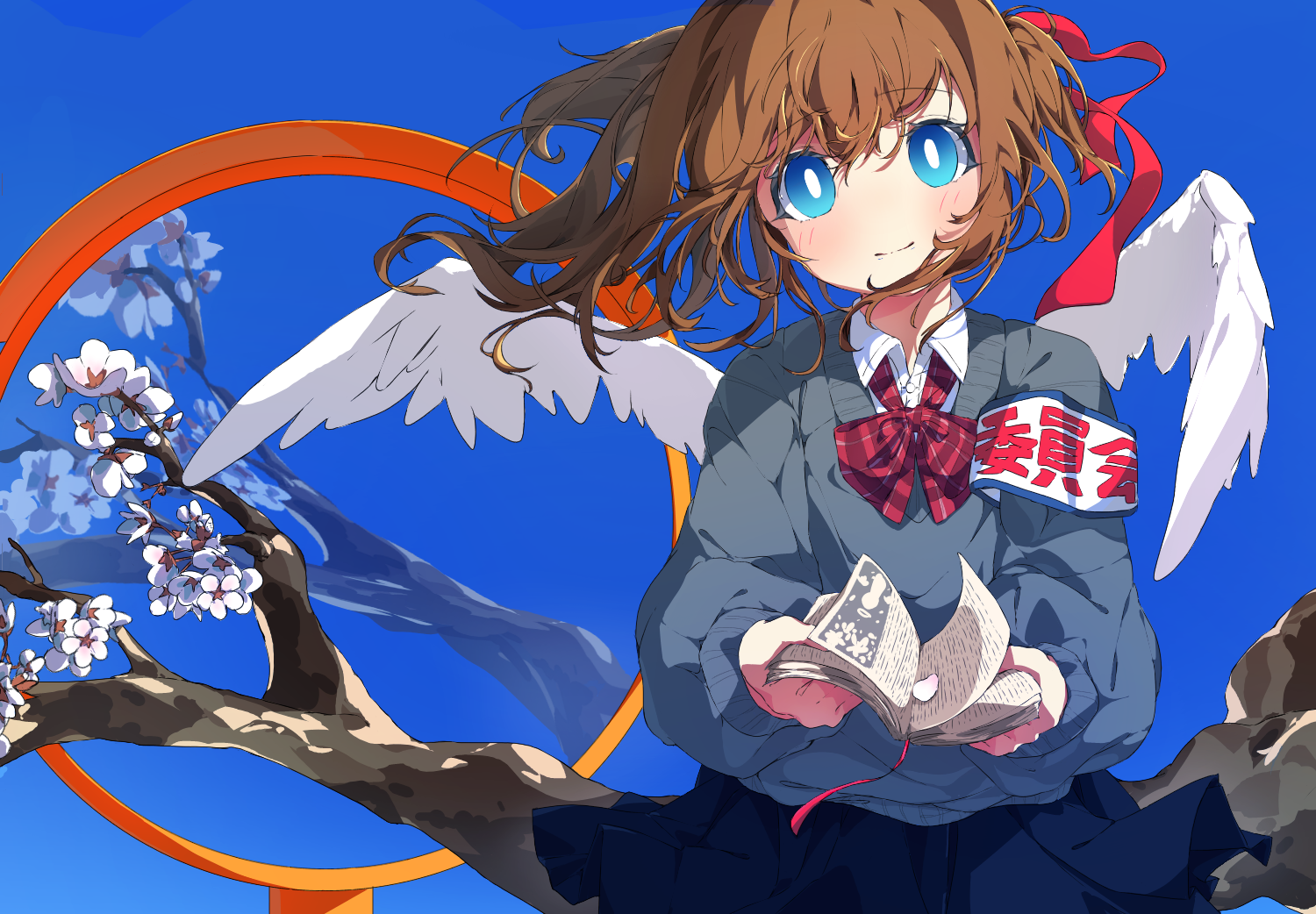 original, 1girl, armband, blue eyes, book, bow, bowtie, bright pupils, brown hair, cherry blossoms, closed mouth, day, feathered wings, grey sweater, hair ribbon, holding, holding book, kannpoyu, long sleeves, looking at viewer, outdoors, red bow, red bowtie, red ribbon, ribbon, sitting on branch, sweater, traffic mirror, white pupils, white wings, wings
