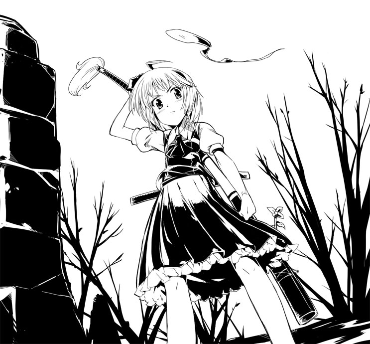 kiku hitomoji, tora tooru, toru tooru, konpaku youmu, konpaku youmu (ghost), touhou, 1girl, female focus, fighting stance, greyscale, hitodama, katana, monochrome, ready to draw, solo, sword, weapon