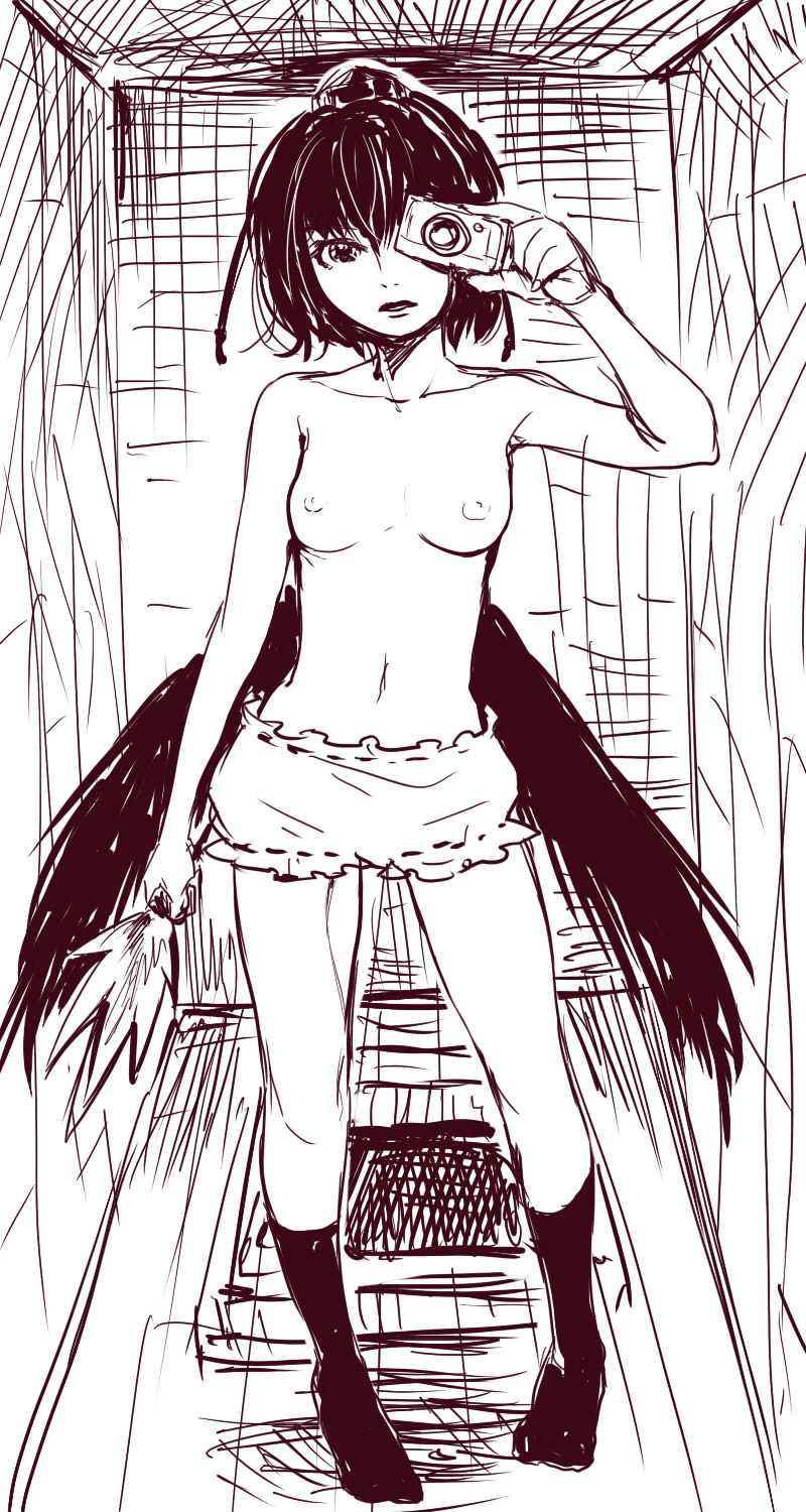 kuma (artist), kuma (crimsonvanilla), shameimaru aya, touhou, highres, 1girl, black socks, bloomers, breasts, camera, collarbone, female focus, kneehighs, looking at viewer, medium breasts, monochrome, nipples, open mouth, sketch, socks, solo, standing, topless female, underwear, wings