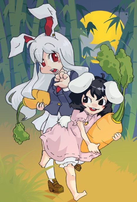 sonoreto, inaba tewi, reisen udongein inaba, touhou, 2girls, animal ears, carrot, cloud, female focus, full body, multiple girls, outdoors, plant, rabbit ears, sky, standing, tree