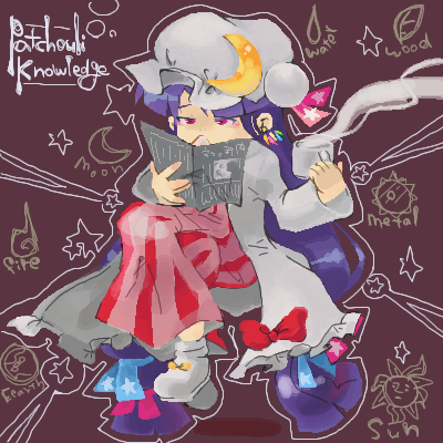 sonoreto, patchouli knowledge, touhou, lowres, 1girl, book, character name, crescent, cup, female focus, full body, hat, holding, holding book, long hair, long sleeves, mob cap, open book, purple hair, reading, red eyes, sitting, socks, solo, steam, tea, teacup, very long hair, white socks