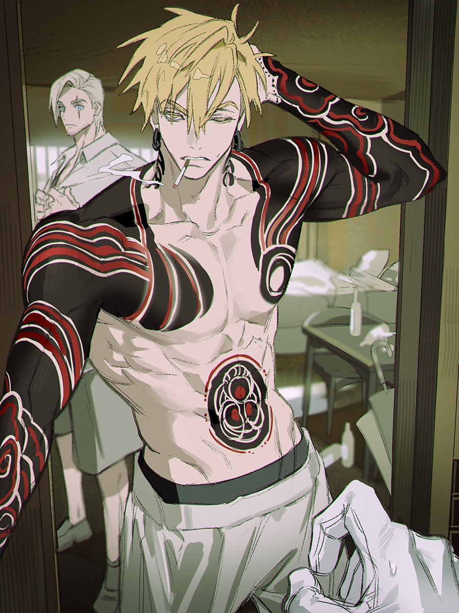 enjin (gachiakuta), gris rubion, gachiakuta, highres, 1other, 2boys, abs, arm tattoo, arm up, blonde hair, clenched teeth, earrings, gloves, ho wb76863, irezumi, jewelry, looking at viewer, multiple boys, one eye closed, pants, pectorals, pov, pov hands, scar, scar across eye, scar on face, smoke, smoking, stomach tattoo, tattoo, teeth, toned, toned male, white gloves, white pants