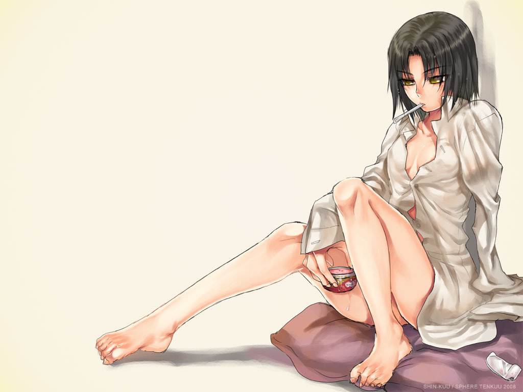 tenkuu sphere, ryougi shiki, haagen-dazs, kara no kyoukai, 1girl, amputee, bad feet, barefoot, bottomless, breasts, brown hair, cleavage, dress shirt, feet, female focus, food, ice cream, no pants, open clothes, open shirt, shirt, solo