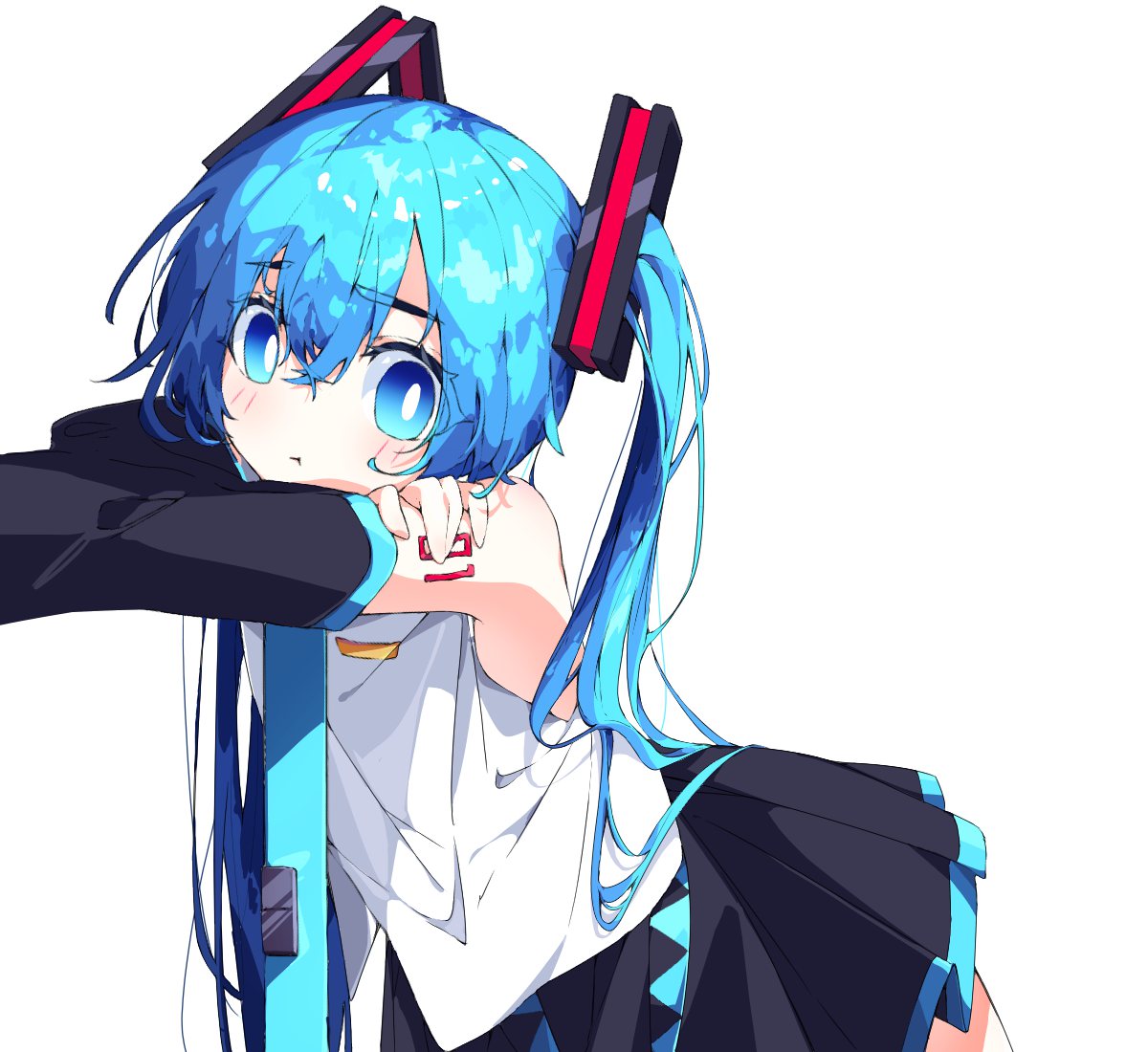hatsune miku, vocaloid, 1girl, black skirt, black sleeves, blue eyes, blue hair, bright pupils, closed mouth, detached sleeves, from side, kannpoyu, long hair, looking at viewer, looking to the side, miniskirt, pleated skirt, shirt, simple background, skirt, sleeveless, sleeveless shirt, twintails, white background, white pupils, white shirt