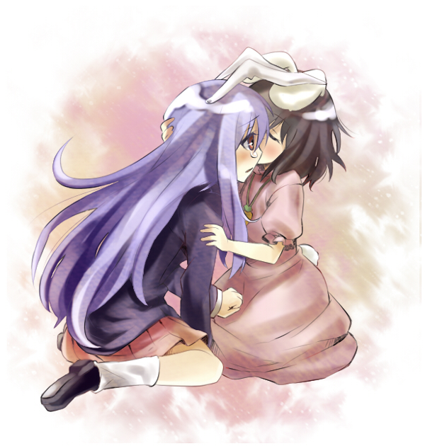 kiji (manekinuko-tei), inaba tewi, reisen udongein inaba, touhou, hand on head, 2girls, animal ears, female focus, hug, multiple girls, rabbit ears, tears, yuri