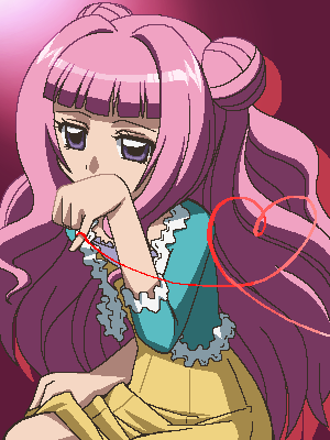 awa, amakawa izumi, kirarin revolution, lowres, 00s, 1boy, blunt bangs, covering own mouth, gradient background, jaggy lines, long hair, male focus, oekaki, pink hair, purple eyes, simple background, sitting, solo, trap