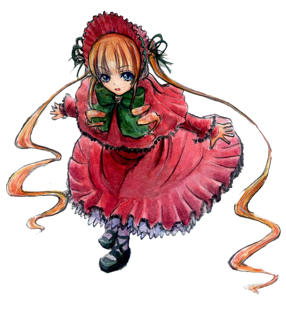 taishi (artist), taishi (picchiridou), shinku, rozen maiden, bad id, bad pixiv id, 00s, 1girl, blonde hair, bow, bowtie, dress, drill hair, female focus, flower, green bow, green bowtie, green eyes, long sleeves, looking at viewer, red dress, rose, sidelocks, simple background, solo, twin drills, twintails, white background