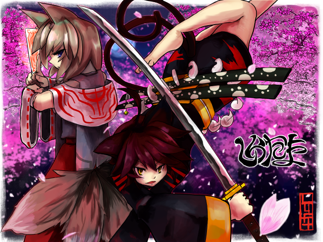 luft (luft dokka), original, animal ears, cat ears, cat tail, fox ears, japanese clothes, sword, tail, weapon