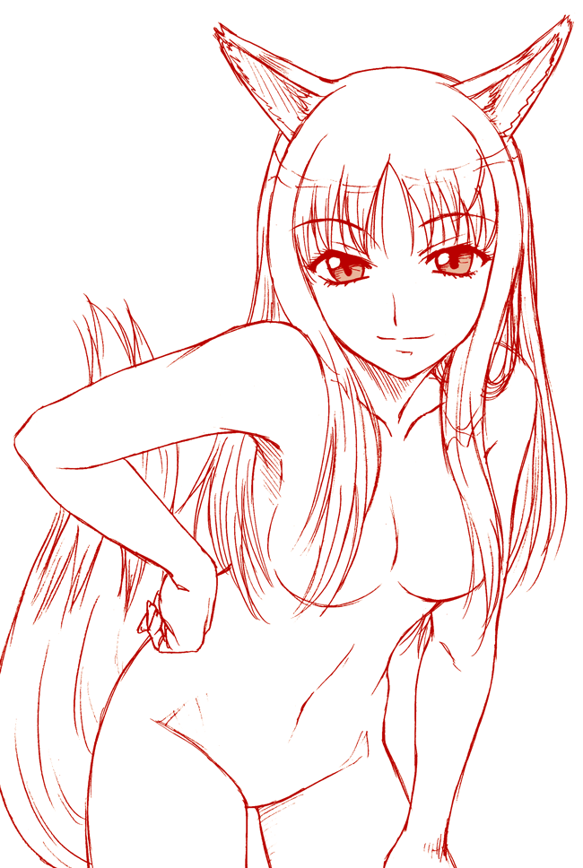 misnon the great, holo, spice and wolf, 00s, 1girl, animal ears, bent over, breasts, female focus, lineart, long hair, medium breasts, monochrome, nude, sketch, solo, tail, wolf ears