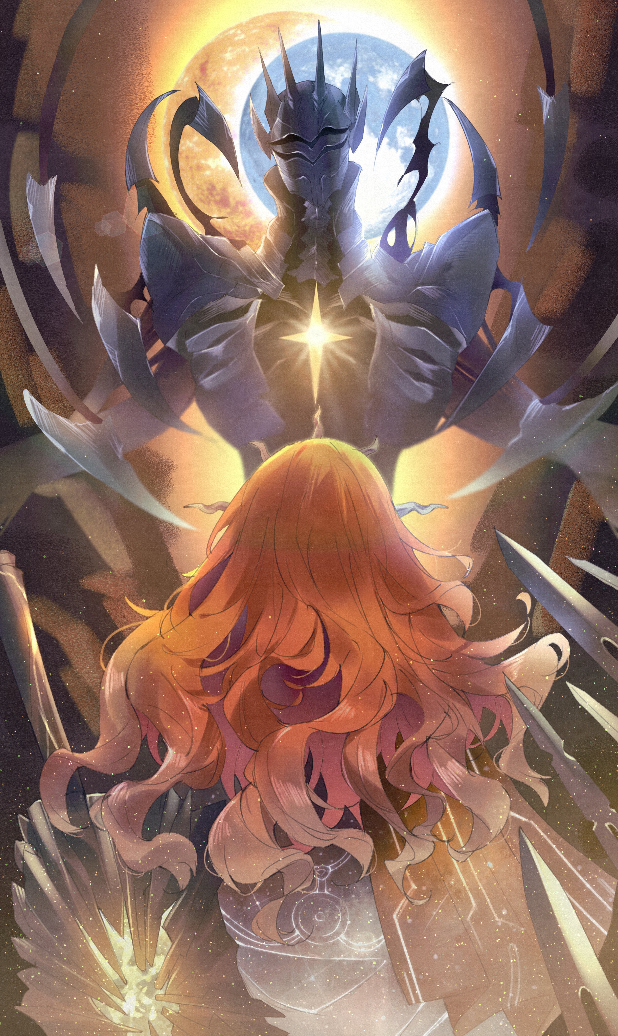 shigureszku, augusta (wuthering waves), wuthering waves, absurdres, commentary request, highres, 1girl, 1other, faceoff, false sovereign (wuthering waves), from behind, full moon, greatsword, long hair, moon, orange hair, sun, sword, tacet discord (wuthering waves), tacet mark (wuthering waves), weapon