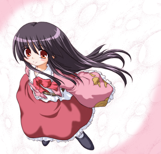 inasaki shirau, houraisan kaguya, touhou, 1girl, black hair, bow, bowtie, dress, female focus, floating hair, from above, long sleeves, looking at viewer, looking up, red bow, red bowtie, red dress, red eyes, solo, standing