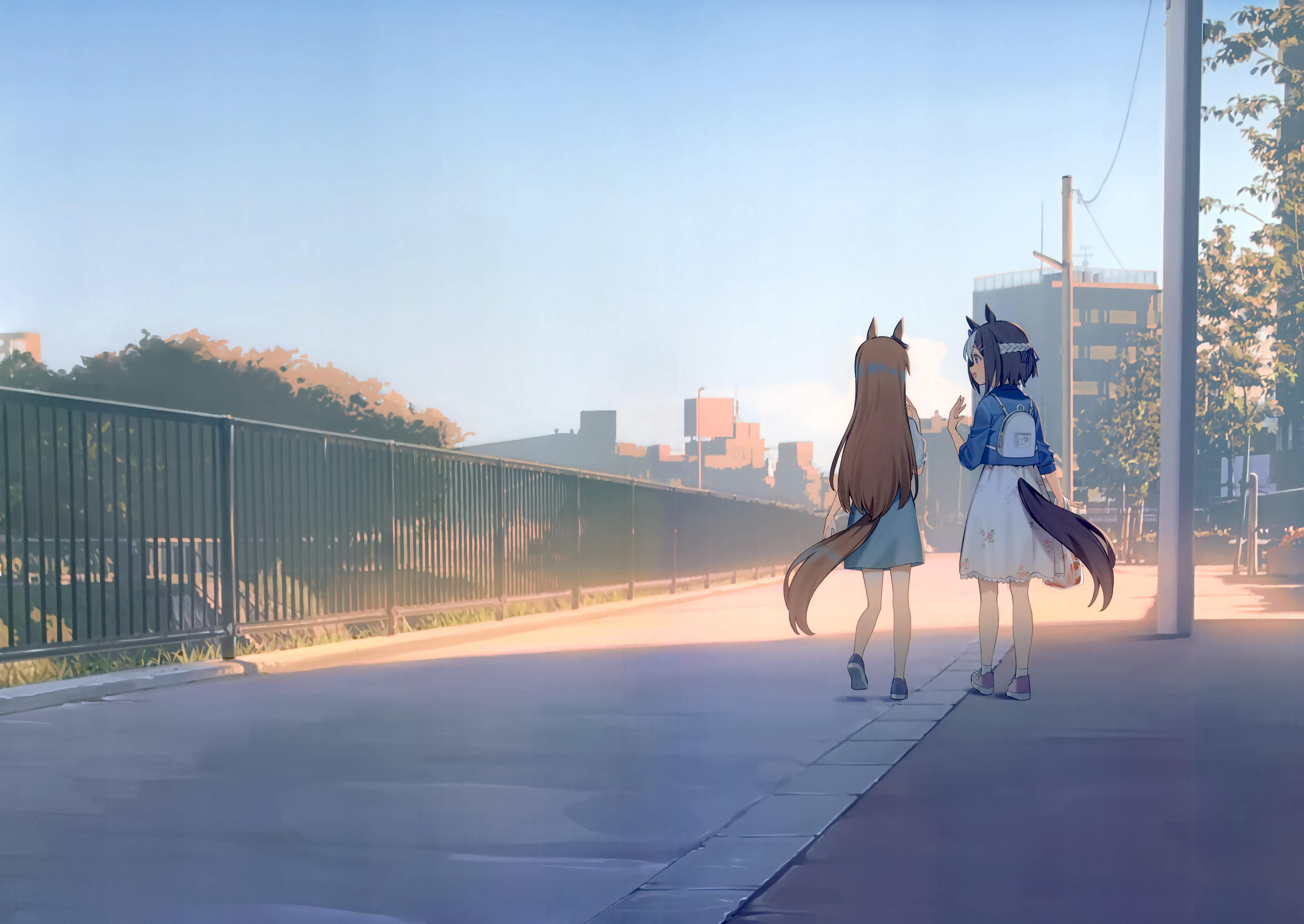 nyum, grass wonder (umamusume), special week (umamusume), umamusume, absurdres, highres, third-party source, 2girls, :d, animal ears, backpack, bag, black hair, black shoes, blue jacket, blue skirt, blue sky, braid, building, day, ear ornament, facing away, fence, from behind, full body, half up braid, hand up, horse ears, horse girl, horse tail, jacket, long hair, multiple girls, open mouth, outdoors, pink shoes, scenery, shade, shoes, short hair, short sleeves, skirt, sky, smile, socks, standing, tail, three-quarter sleeves, utility pole, white bag, white hair, white skirt, white socks, wide shot