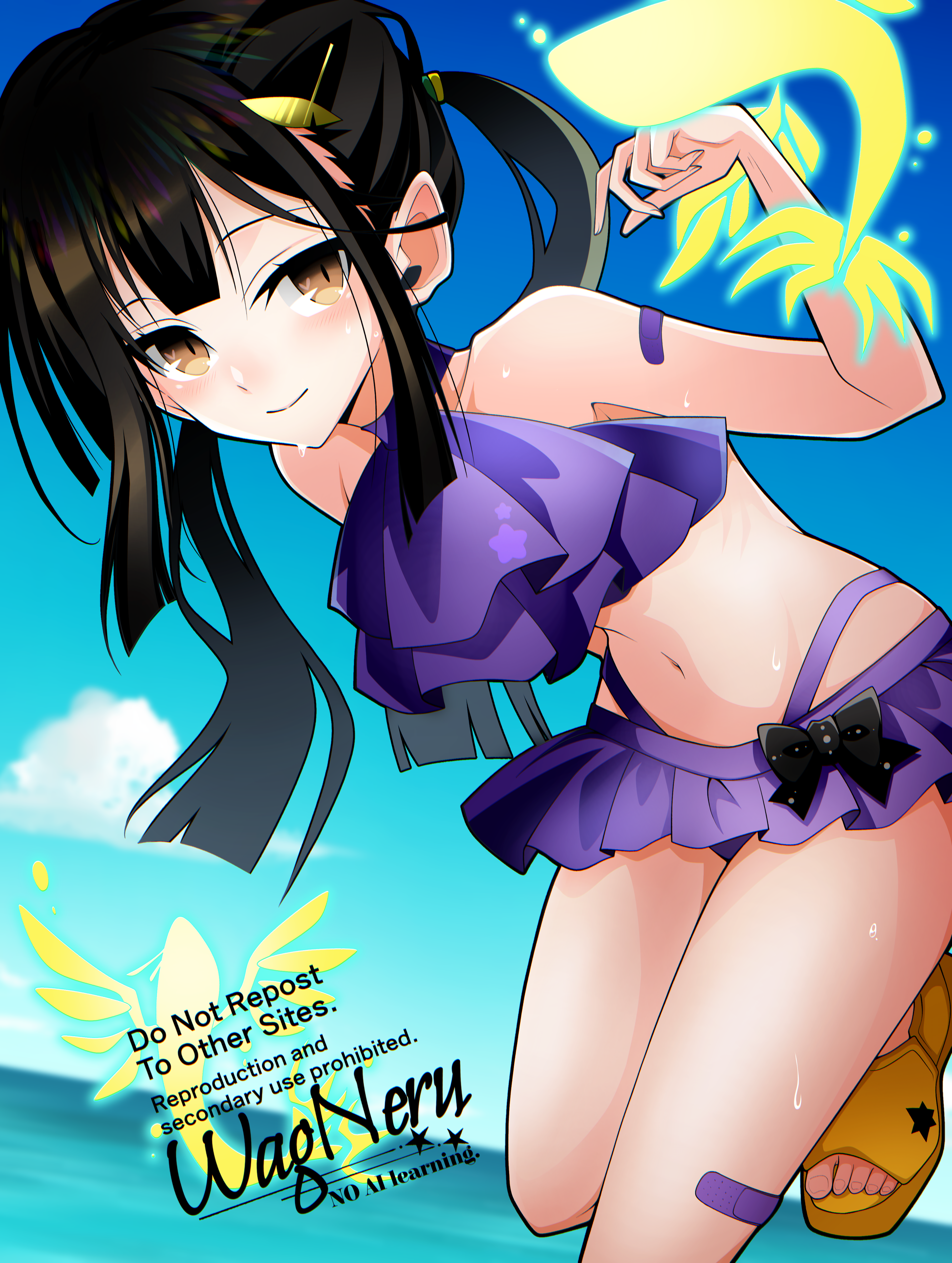 wagu neru, miyu edelfelt, miyu edelfelt (swimsuit lancer) (second ascension), fate/grand order, fate (series), absurdres, highres, 1girl, bare shoulders, bikini, black hair, blue sky, blush, breasts, brown eyes, fairy, frilled bikini, frills, hair ornament, hairclip, long hair, looking at viewer, low twintails, navel, ocean, purple bikini, sandals, sidelocks, sky, small breasts, solo, swimsuit, thighs, twintails