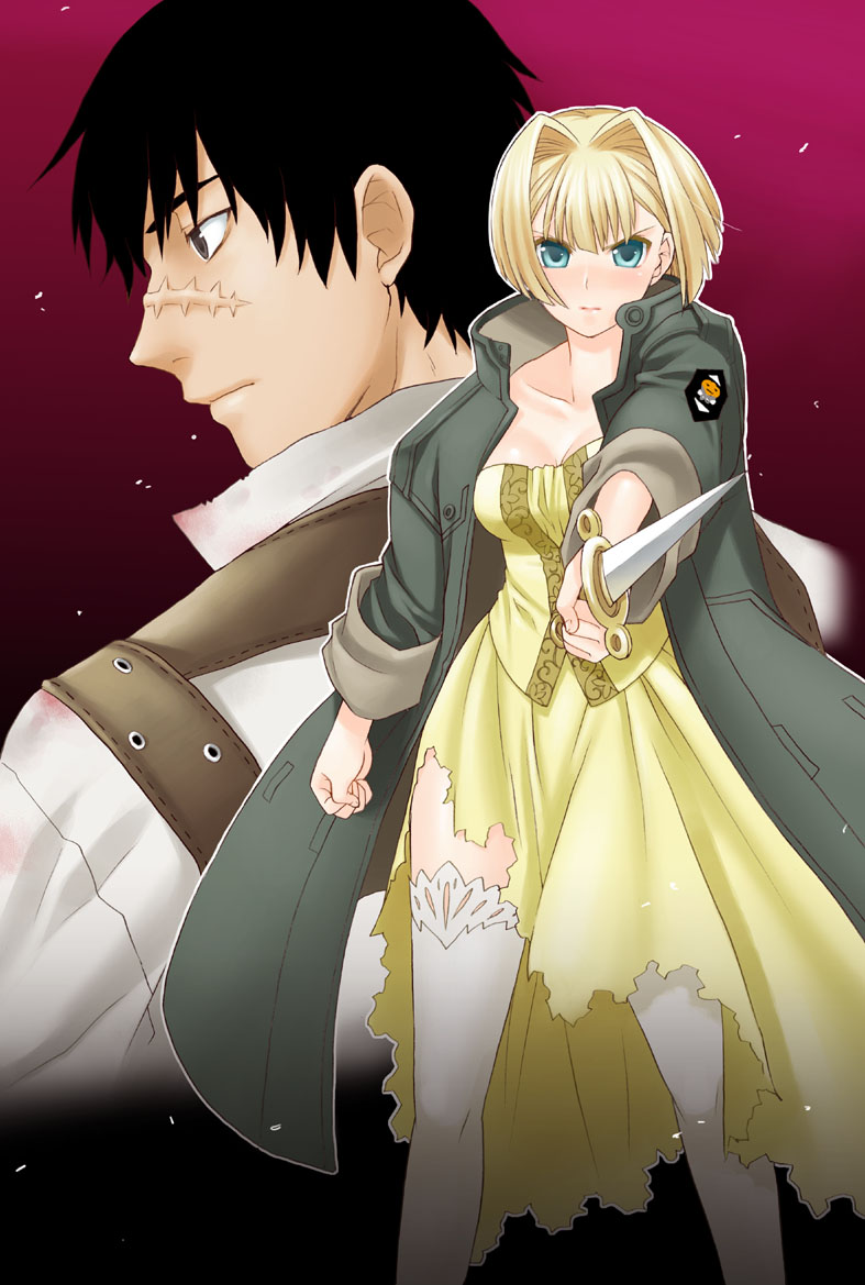 mattaku mousuke, alice l. malvin, randal orlando, pumpkin scissors, bad id, bad pixiv id, 00s, 1boy, 1girl, blonde hair, blue eyes, bob cut, coat, dagger, dress, knife, scar, scar on face, scar on nose, short hair, torn clothes, weapon