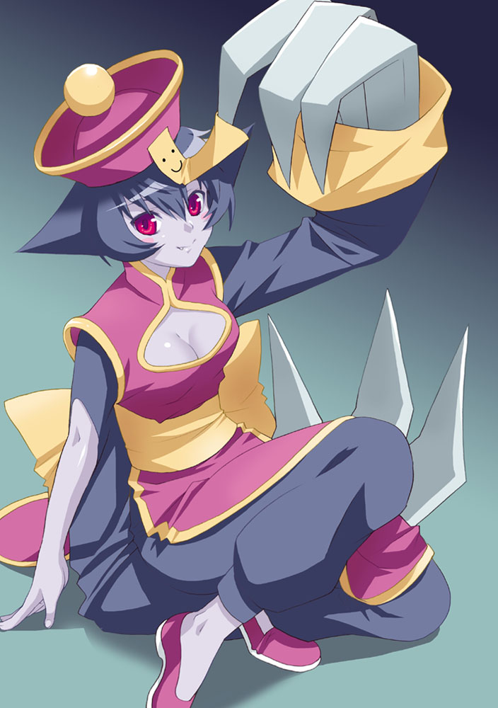 mattaku mousuke, hsien-ko, mei-ling (darkstalkers), capcom, darkstalkers, bad id, bad pixiv id, 1girl, blue skin, cleavage cutout, clothing cutout, colored skin, female focus, flipped hair, hat, qingdai guanmao, solo