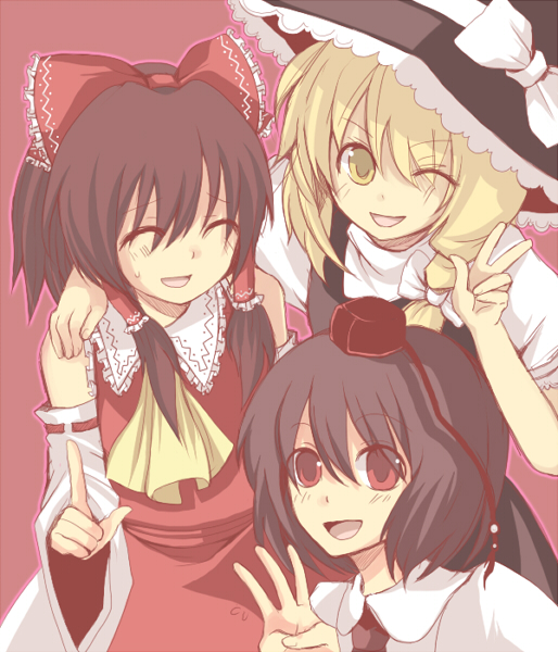 harano, hakurei reimu, kirisame marisa, shameimaru aya, touhou, bad id, bad pixiv id, 3girls, bare shoulders, blonde hair, closed eyes, detached sleeves, female focus, hat, japanese clothes, miko, multiple girls, one eye closed, red eyes, wink, witch, witch hat