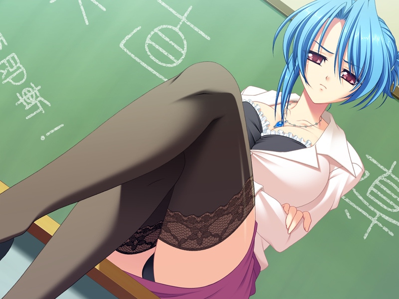 hotaka tamagoro, hotaka tamagorou, kashino machiko, kanchichi sweet, lace-trimmed legwear, game cg, 1girl, black panties, black thighhighs, blue hair, bra, breasts, chalkboard, classroom, cleavage, crossed arms, crossed legs, dutch angle, female focus, frown, hair up, indoors, jewelry, lace, lace trim, large breasts, legs, lingerie, long legs, miniskirt, necklace, panties, pantyshot, pencil skirt, pendant, pink eyes, red eyes, school, short hair, sitting, skirt, solo, teacher, thighhighs, thighs, underwear, upskirt