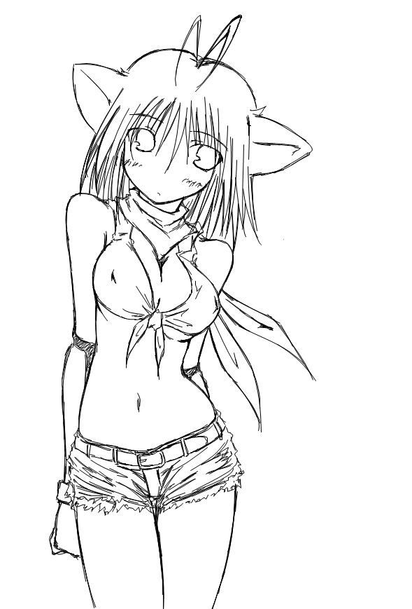 kaminagi (kaminagi-tei), blacksmith (ragnarok online), ragnarok online, animal ears, antenna hair, blacksmith, denim, denim shorts, elbow gloves, gloves, greyscale, monochrome, shorts, solo