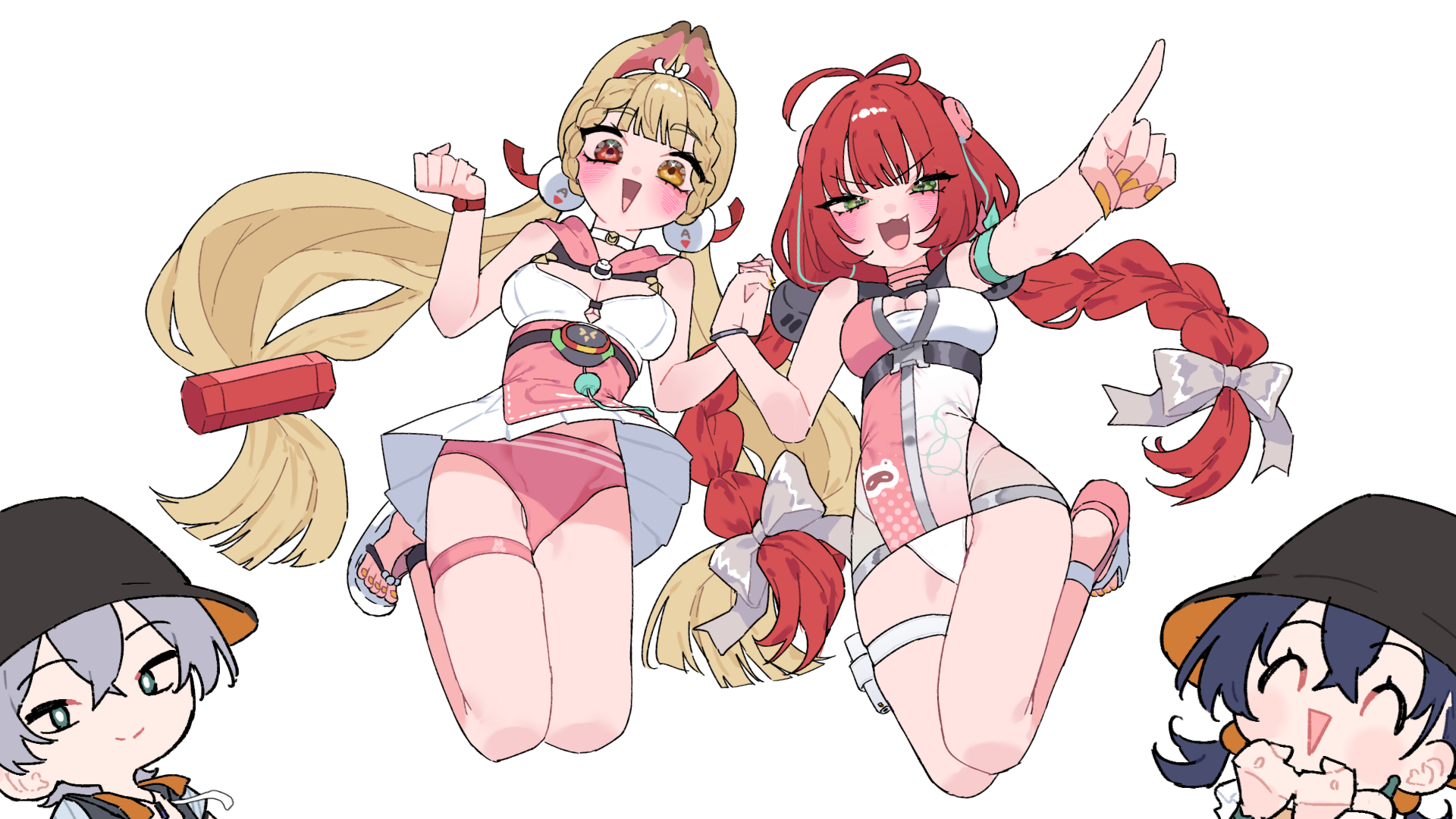 momico co, alice thymefield, alice thymefield (sea of thyme), belle (summer skies) (zenless zone zero), belle (zenless zone zero), ukinami yuzuha, ukinami yuzuha (tanuki in broad daylight), wise (peaceful waves) (zenless zone zero), wise (zenless zone zero), highres, :>, :d, animal ears, antenna hair, blonde hair, blush, bracelet, green eyes, grey hair, hair ornament, heterochromia, jewelry, long hair, open mouth, panda hat, panties, red hair, skindentation, smile, sphere hair ornament, thigh strap, underwear, white background