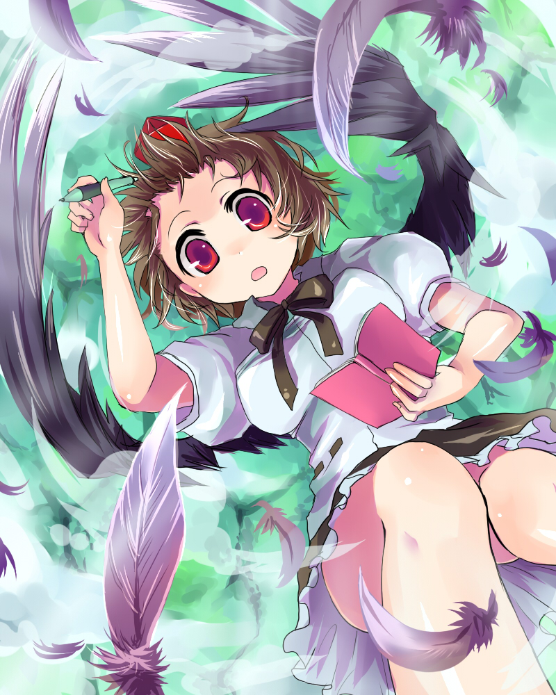 kobanzame, shameimaru aya, touhou, bad id, bad pixiv id, 1girl, :o, black wings, brown hair, feathers, female focus, flying, forehead, hat, notebook, open mouth, pen, red eyes, short hair, solo, tokin hat, wings
