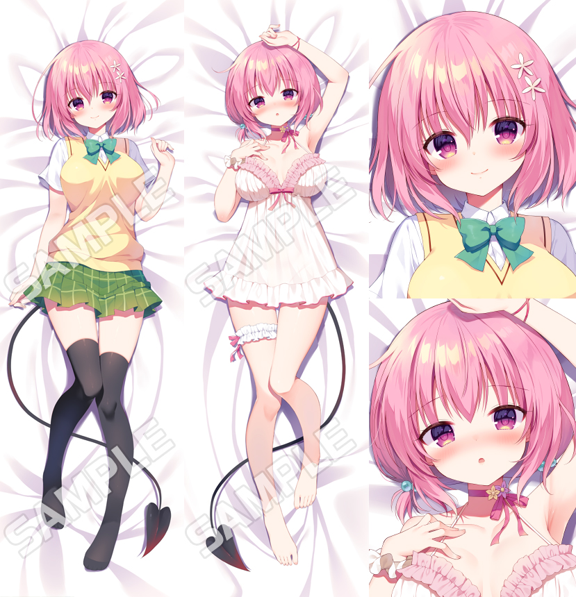mauve, momo velia deviluke, to love-ru, commentary request, 1girl, barefoot, black thighhighs, blush, bow, bowtie, breasts, choker, closed mouth, collared shirt, dakimakura (medium), demon tail, dress, frilled thigh strap, green bow, green bowtie, green skirt, large breasts, long sleeves, lying, miniskirt, multiple views, no shoes, on back, on bed, pink choker, pink eyes, pink hair, plaid clothes, plaid skirt, pleated skirt, sainan high school uniform, sample watermark, school uniform, shirt, short hair, short sleeves, skirt, smile, sweater vest, tail, thigh strap, thighhighs, watermark, white dress, white shirt, yellow sweater vest