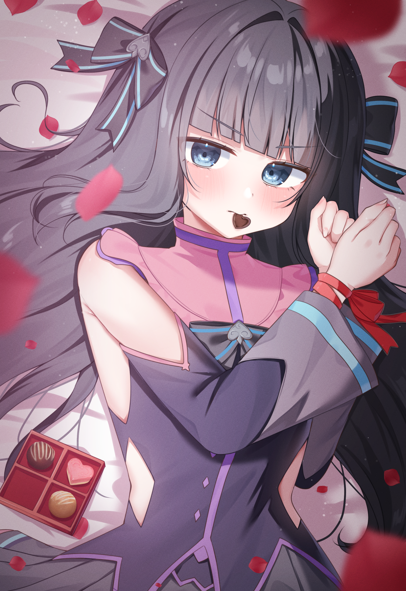 tairitsu (arcaea), arcaea, highres, 1girl, backless shirt, bare shoulders, black bow, black bowtie, black hair, black ribbon, black shirt, blue eyes, bow, bowtie, breasts, chocolate, clothing cutout, detached sleeves, hair ribbon, high heels, long hair, long sleeves, looking at viewer, lying, mayoyoriketyaha, medium breasts, on back, pleated skirt, red petals, restrained, ribbon, shirt, shoulder cutout, skirt, solo, spade (shape), v-shaped eyebrows