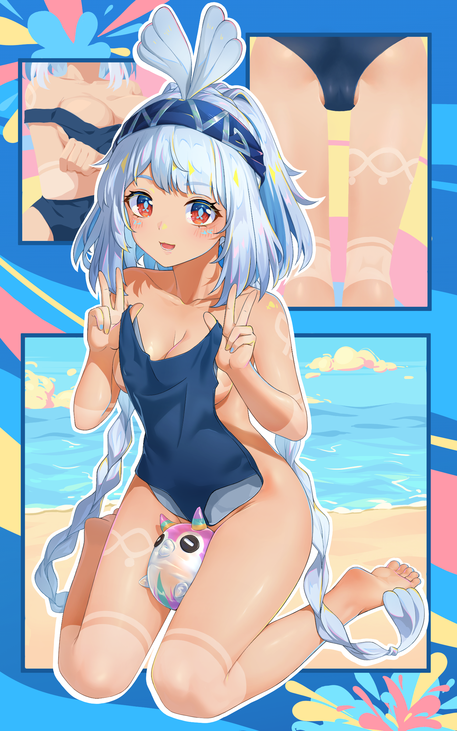 nan nan bo meng, mualani (genshin impact), genshin impact, absurdres, highres, 1girl, barefoot, blue hair, blue hairband, blush, braid, breasts, feet, hairband, holding, holding swimsuit, holding unworn clothes, long hair, looking at viewer, multicolored hair, nude, open mouth, red eyes, smile, solo, swimsuit, tan, toes, twin braids, unworn swimsuit, white hair