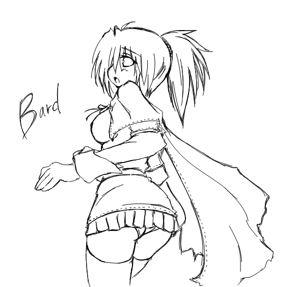 kaminagi (kaminagi-tei), bard (ragnarok online), ragnarok online, gender request, bard, cape, crossdressing, genderswap, greyscale, monochrome, panties, skirt, solo, thighhighs, underwear