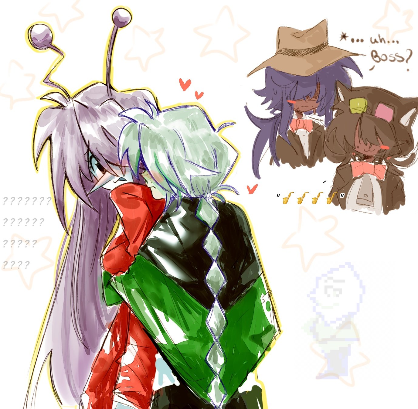 ant tenna, deltarune, utdr (toby fox), highres, ?, ??, antennae, breasts, cat mike (deltarune), cowboy hat mike, genderswap, genderswap (mtf), green pippins, hug, hug from behind, humanization, pippins (deltarune), pointy nose, shadowguy (deltarune), shayyuri21, white hair, yuri