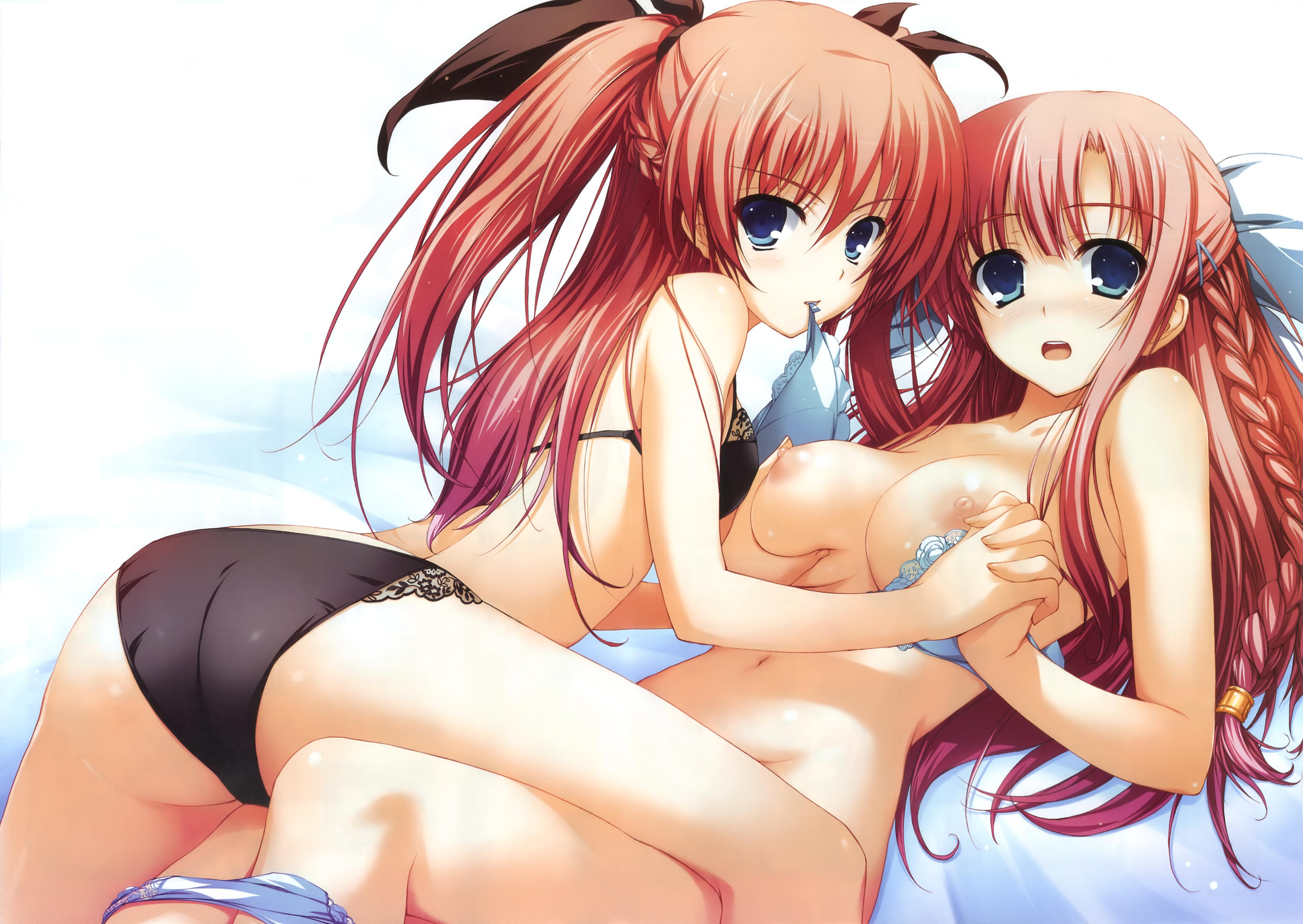 tomose shunsaku, nikaidou aya, nikaidou reika, akatsuki no goei, absurdres, highres, 2girls, ass, black bra, black panties, blue eyes, bra, braid, breasts, grabbing another's breast, groping, half updo, incest, large breasts, lingerie, long hair, mouth hold, multiple girls, nipples, panties, pink hair, red hair, siblings, sisters, small breasts, twincest, twins, twintails, two side up, underwear, underwear only, white bra, white panties, yuri