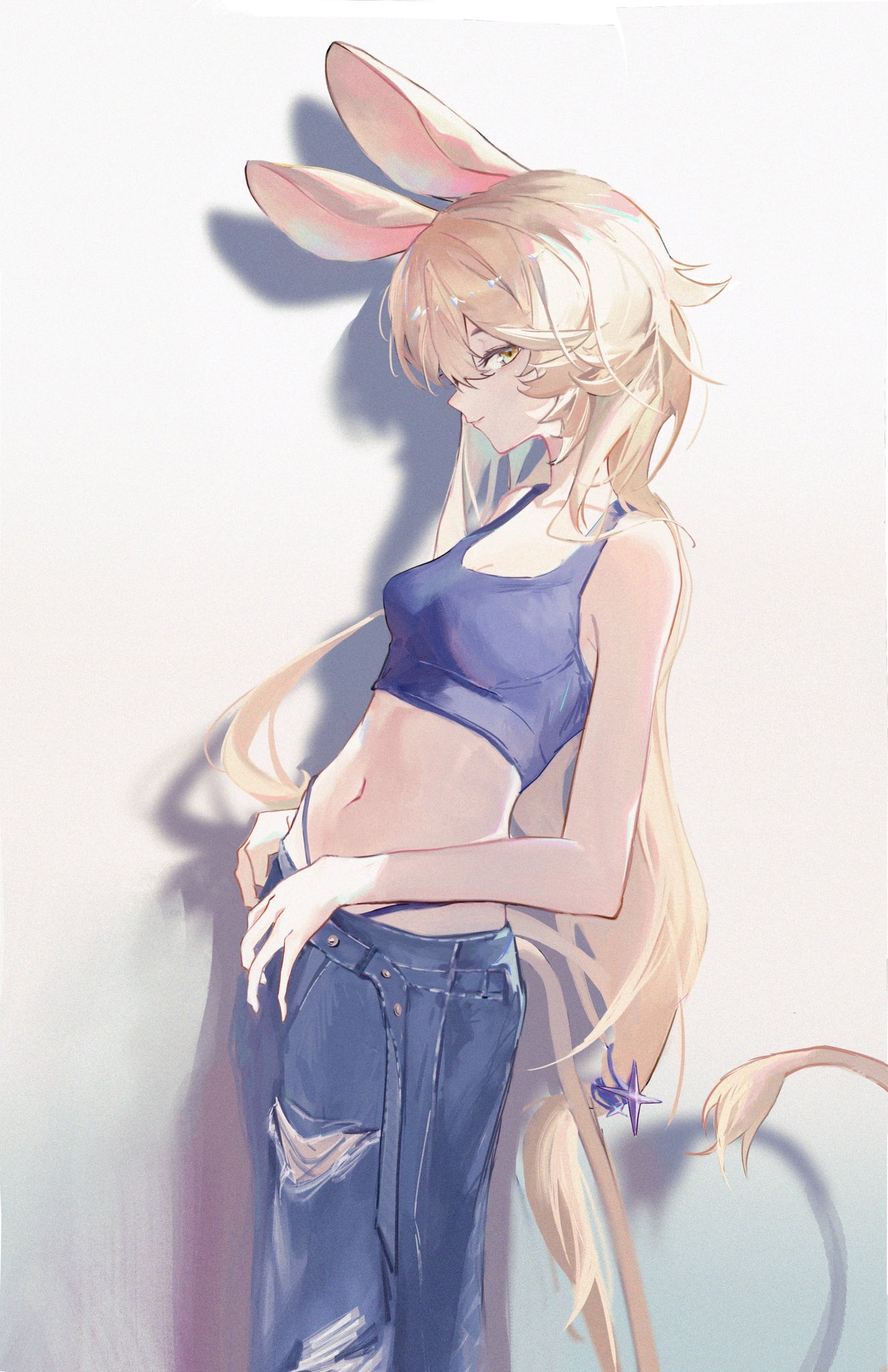 minami (minamijkol), dorothy (arknights), arknights, highres, 1girl, alternate costume, animal ears, bare arms, bare shoulders, blonde hair, blue tank top, breasts, crop top, denim, from side, jeans, long hair, looking at viewer, medium breasts, midriff, mouse ears, mouse girl, mouse tail, navel, pants, sleeveless, solo, tail, tank top, torn clothes, torn jeans, torn pants, very long hair, yellow eyes