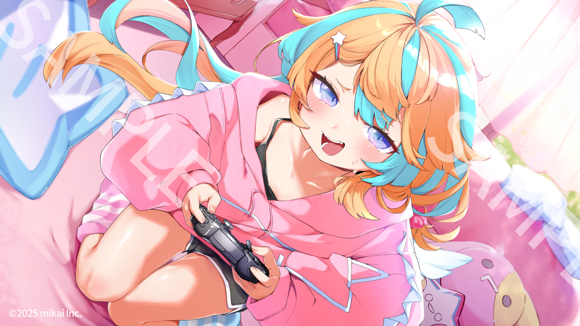 utsusumi kio, amakawa hano, re:act, commentary request, 1girl, black bra, black shorts, blue hair, blue socks, bra, breasts, controller, dolphin shorts, furrowed brow, game controller, hair ornament, holding, holding controller, holding game controller, hood, hood down, hoodie, long hair, long sleeves, multicolored hair, no shoes, open mouth, orange hair, pink hoodie, pink socks, puffy long sleeves, puffy sleeves, purple eyes, sample watermark, shorts, small breasts, smile, socks, solo, star (symbol), star hair ornament, streaked hair, striped clothes, striped socks, two-tone hair, underwear, virtual youtuber, watermark, white socks