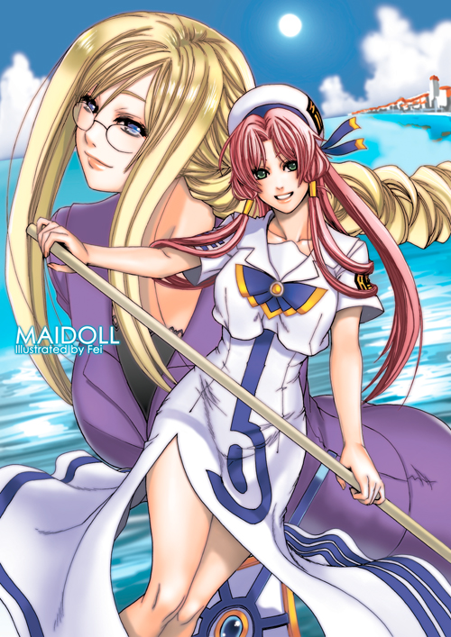 fei (maidoll), alicia florence, mizunashi akari, aria (manga), 00s, 2girls, beret, blonde hair, blouse, blue eyes, braid, business suit, dress, formal clothes, glasses, green eyes, hat, long hair, multiple girls, oar, pink hair, shirt, smile, suit, sun, water, white shirt