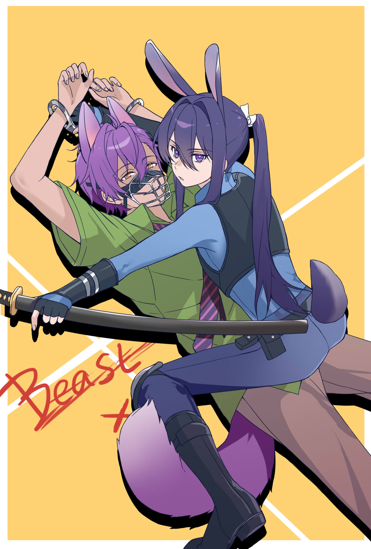nancy980216, judy hopps, kanzaki souma, nick wilde, otogari adonis, ensemble stars!, zootopia, highres, 2boys, ahoge, animal ears, arched back, arms up, ass, belt, black belt, black boots, black gloves, blue pants, blue shirt, boots, border, brown pants, bulletproof vest, collared shirt, cosplay, crossdressing, crossdressing (mtf), cuffs, dark-skinned male, dark skin, double-parted bangs, drop shadow, eyelashes, fingerless gloves, fox boy, fox ears, fox tail, from behind, full body, gloves, green shirt, hair between eyes, hair intakes, hair slicked back, handcuffs, holding, holding sword, holding weapon, judy hopps (cosplay), knee boots, knee pads, kneeling, long hair, long sleeves, looking at viewer, looking back, lying, male focus, motoyui, multiple boys, muzzle (mask), narrow waist, necktie, nick wilde (cosplay), on back, outside border, pants, parted lips, police, police uniform, ponytail, purple hair, purple necktie, rabbit bow, rabbit ears, rabbit tail, sheath, sheathed, shirt, short hair, short sleeves, sidelocks, single hair intake, sitting, sitting on person, straddling, striped necktie, sword, tail, utility belt, very long hair, weapon, white border, wrist guards, yaoi, yellow background, yellow eyes