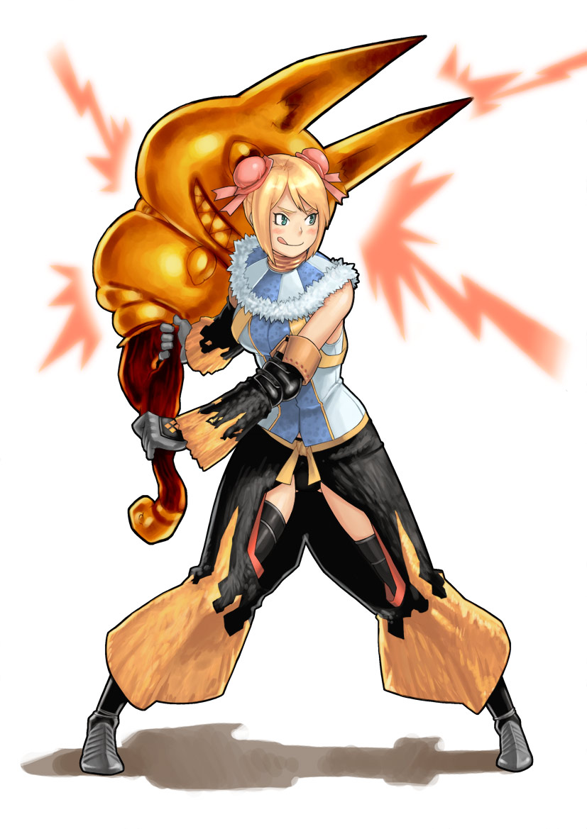 23 (real xxiii), capcom, monster hunter (series), fur, 1girl, :p, :q, blango (armor), blonde hair, blush, bun cover, detached sleeves, double bun, female focus, gloves, hair bun, rajang (armor), short hair, solo, standing, tongue, tongue out, weapon