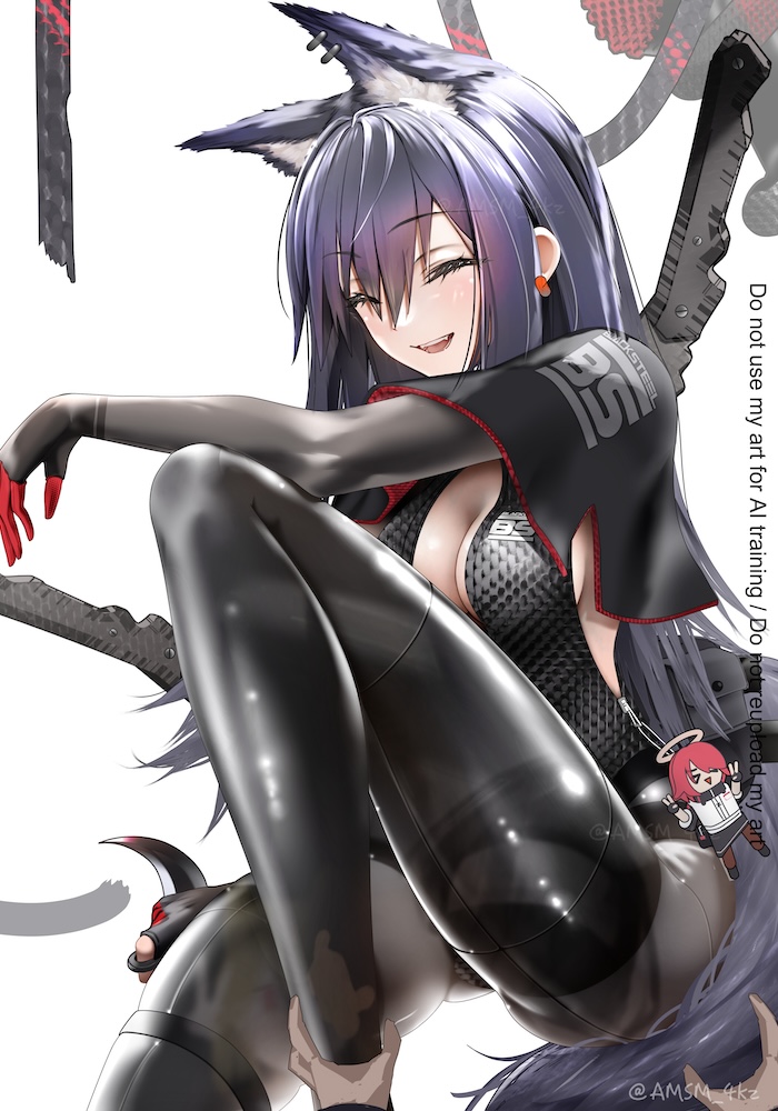yokaze (yokajie), exusiai (arknights), texas (arknights), arknights, 1girl, alternate costume, animal ear piercing, animal ears, black bodysuit, black hair, bodysuit, breasts, character charm, charm (object), cleavage, closed eyes, long hair, medium breasts, open mouth, smile, solo, weapon, wolf ears, wolf girl, zipper