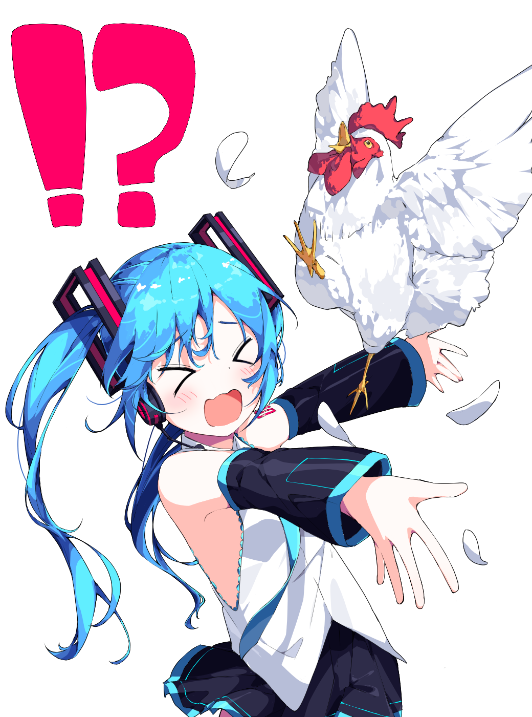 hatsune miku, vocaloid, highres, !?, > <, 1girl, bird, black skirt, blue hair, chicken, closed eyes, detached sleeves, hair ornament, kannpoyu, long hair, long sleeves, miniskirt, open mouth, shirt, skirt, sleeveless, sleeveless shirt, upper body, white shirt