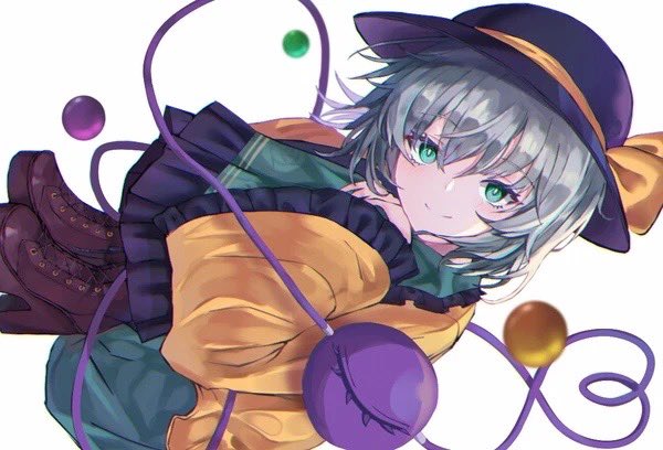 genshi neki, komeiji koishi, touhou, 1girl, black hat, boots, eyeball, frilled shirt collar, frilled sleeves, frills, green eyes, green hair, green skirt, hat, hat ribbon, heart, heart of string, ribbon, shirt, skirt, smile, third eye, wide sleeves, yellow ribbon, yellow shirt