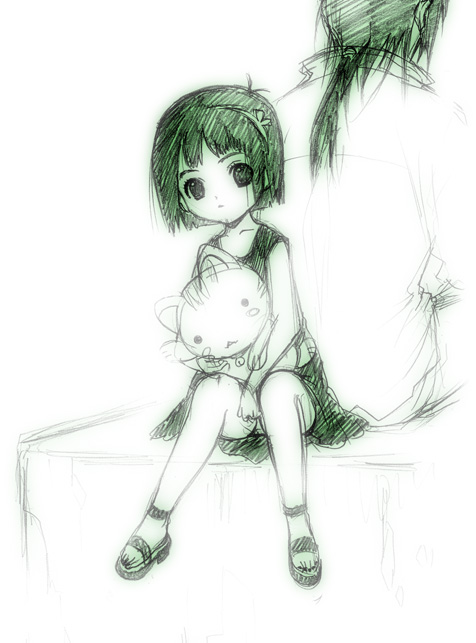 berries (artist), nishida asako, 1girl, doll, female focus, green theme, monochrome, short hair, sitting, solo
