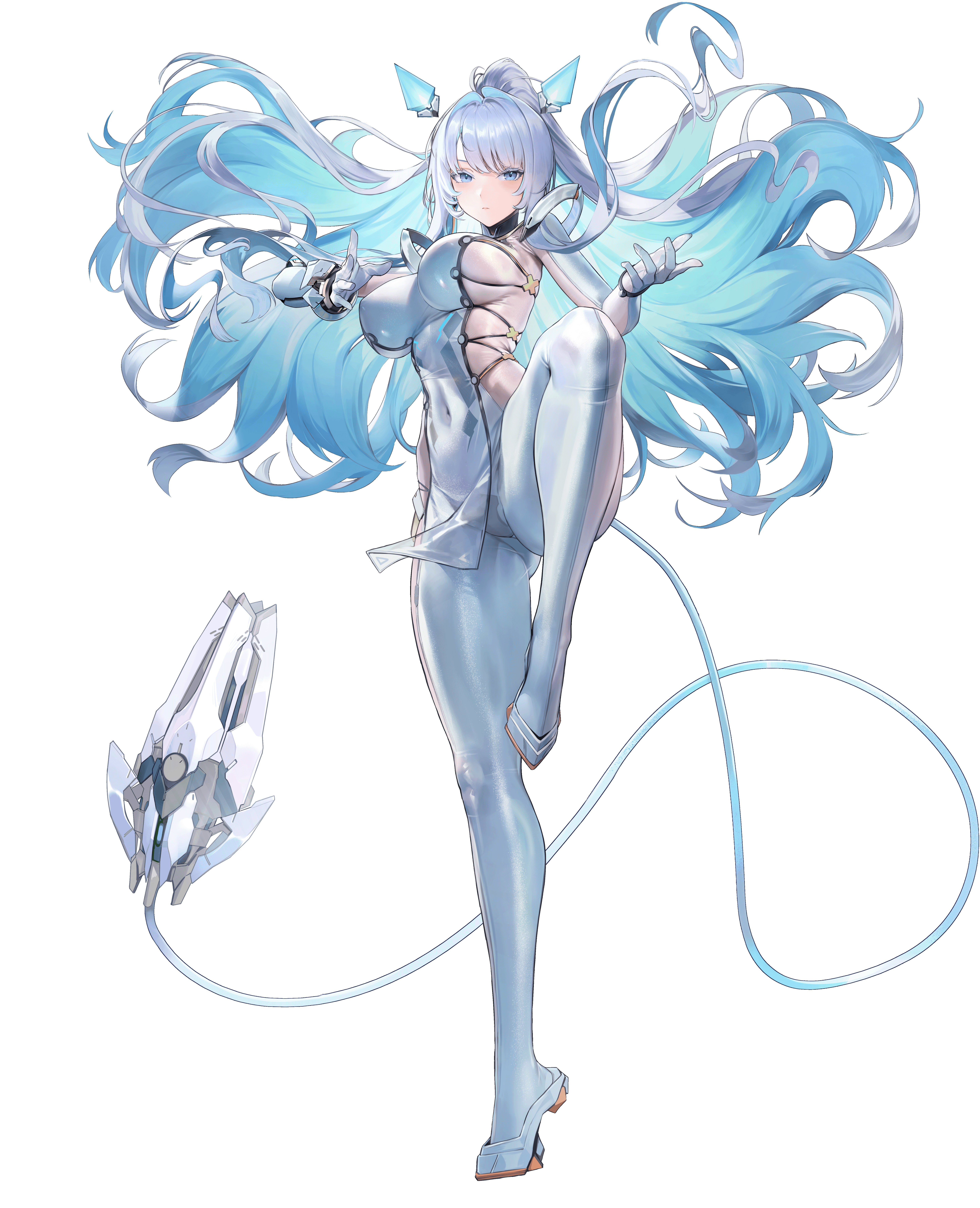 crosscore, absurdres, artist request, highres, 1girl, animal ears, blue eyes, blue hair, bodysuit, breasts, cable, cable tail, closed mouth, colored inner hair, covered erect nipples, covered navel, expressionless, gloves, grey hair, headgear, high heels, impossible bodysuit, impossible clothes, large breasts, leg up, long hair, looking at viewer, mechanical ears, mechanical tail, multicolored hair, ponytail, shiny clothes, sideboob, sideless outfit, skin tight, solo, standing, standing on one leg, tail, two-tone hair, very long hair, white bodysuit, white hair