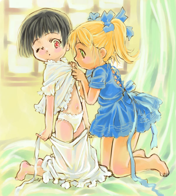 berries (artist), nishida asako, original, 2girls, barefoot, bed, black hair, blonde hair, green eyes, loli, multiple girls, pajamas, panties, red eyes, underwear, undressing