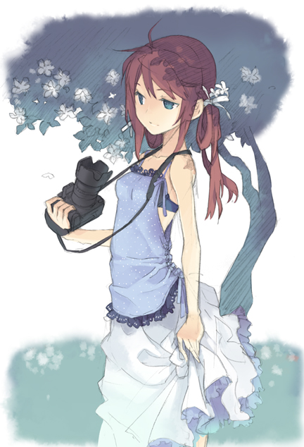 h2so4, original, 1girl, bare shoulders, blue eyes, bra, brown hair, camera, female focus, grass, green eyes, halterneck, lingerie, long hair, red hair, skirt, solo, tree, twintails, underwear