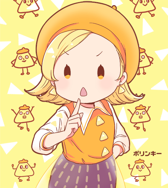 mizuki maya, original, commentary request, 1girl, black skirt, blonde hair, chestnut mouth, collared shirt, earrings, flipped hair, hat, jewelry, looking at viewer, medium hair, open mouth, orange hat, orange shirt, personification, polinky, see-through skirt layer, shirt, skirt, solo, triangle background, triangle button, triangle earrings, v-shaped eyebrows, white sleeves, yellow background