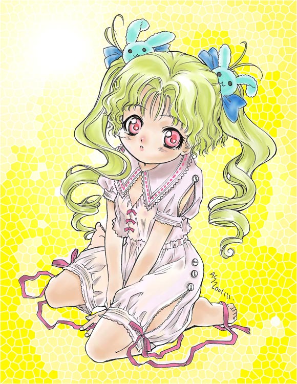 berries (artist), nishida asako, original, barefoot, curly hair, drill hair, pink eyes, ribbon, twintails