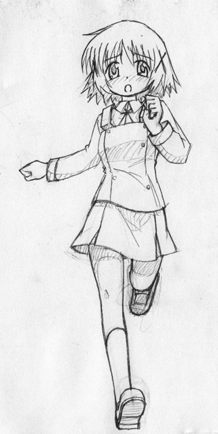 tsurugi (artist), yuno (hidamari sketch), hidamari sketch, bad id, bad pixiv id, 00s, greyscale, monochrome, school uniform, sketch, solo, yamabuki high school uniform