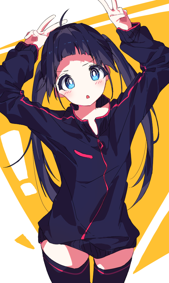 original, 1girl, arms up, black hair, black jacket, black thighhighs, blue eyes, bright pupils, double v, jacket, kannpoyu, long hair, long sleeves, looking at viewer, parted lips, solo, thighhighs, track jacket, twintails, v, white pupils